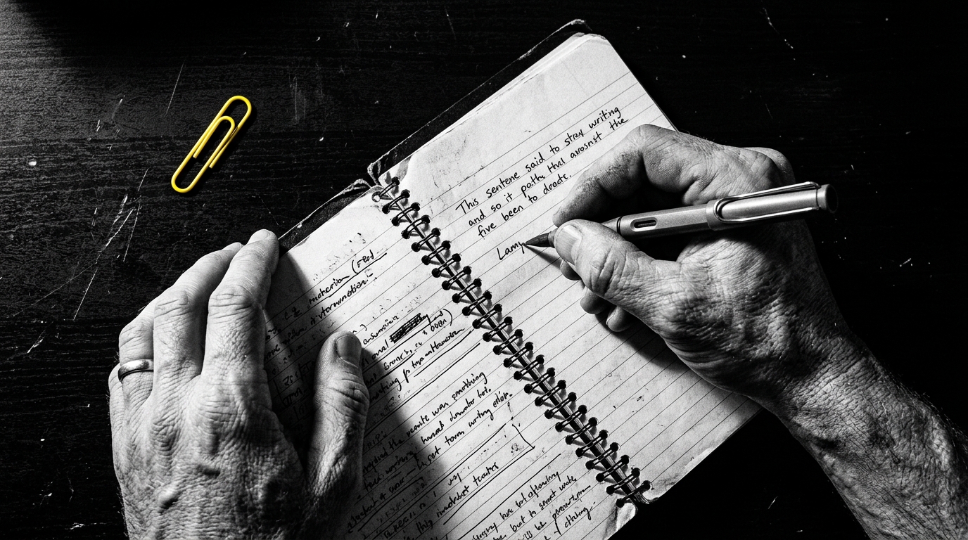 Mani che scrivono su un taccuino, luce drammatica editoriale